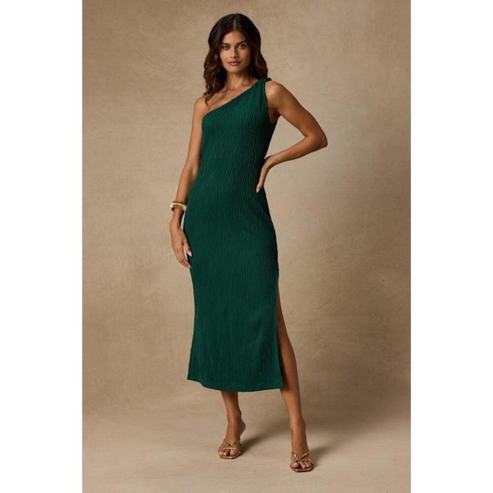 Lulus Aristea Emerald Textured One-shoulder Midi Dress Green - Size L
